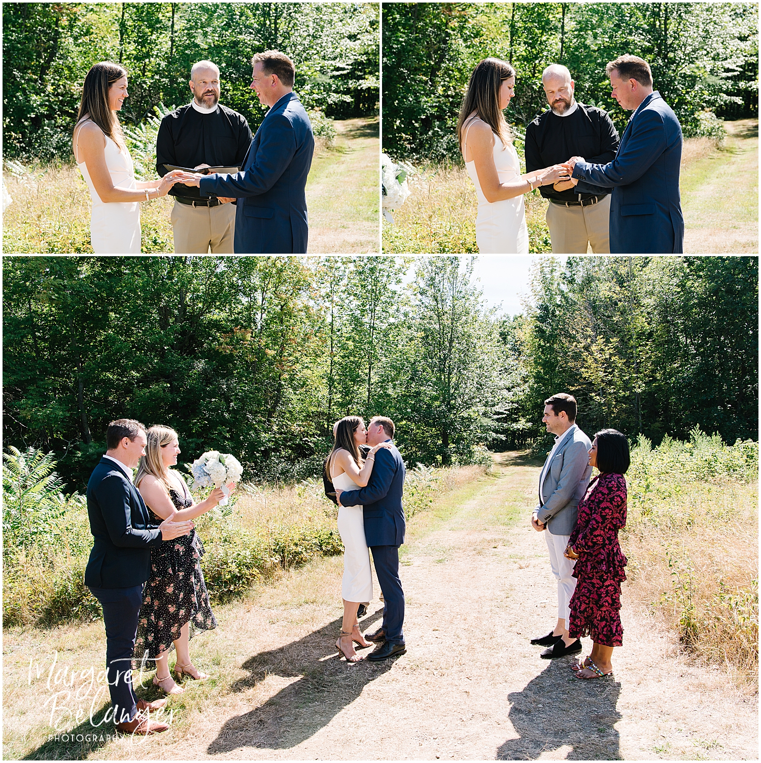 A collage of an outdoor wedding ceremony with a couple exchanging vows and rings, followed by a kiss, in the presence of an officiant and a small number of guests.
