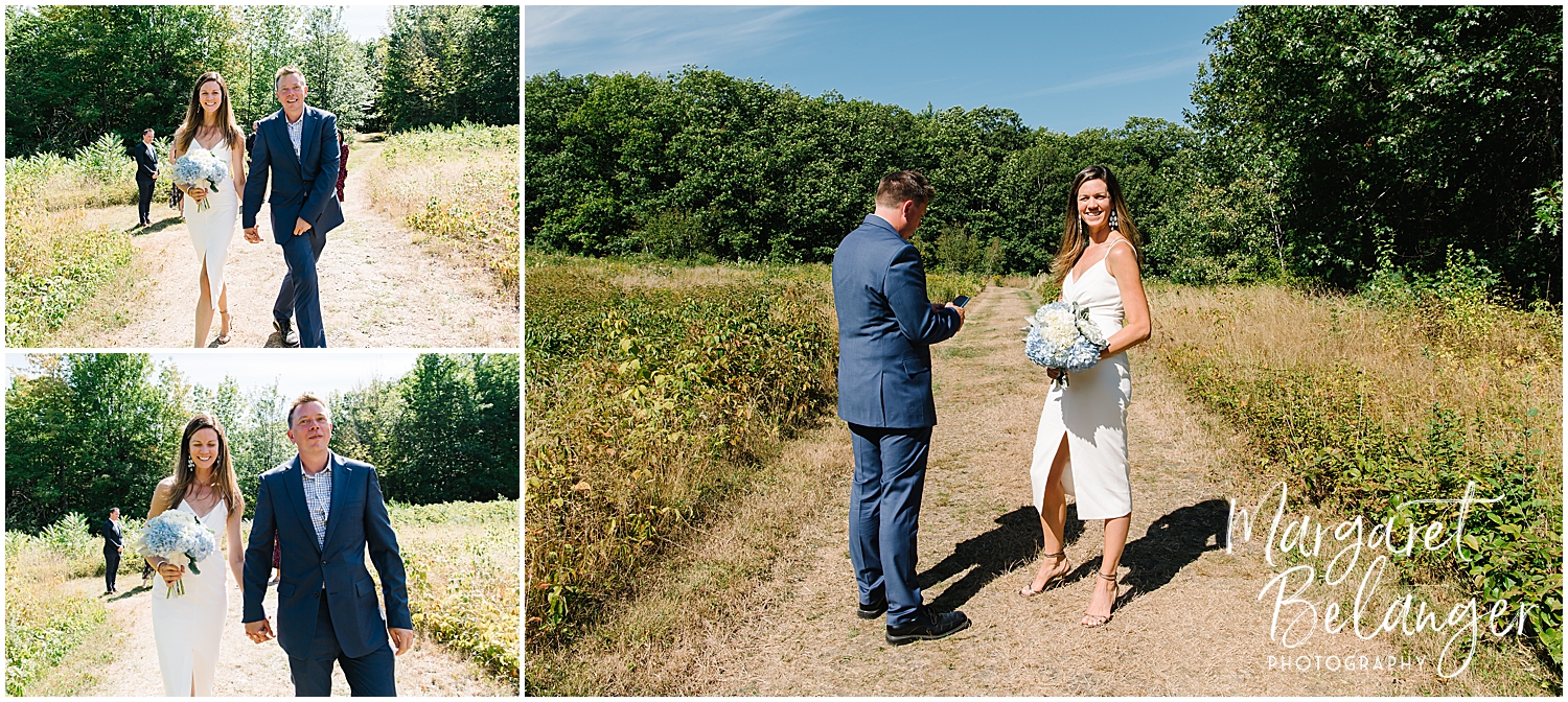 A collage of three photographs capturing a wedding couple during a sunny outdoor ceremony, with three scenes of them walking together down the aisle.