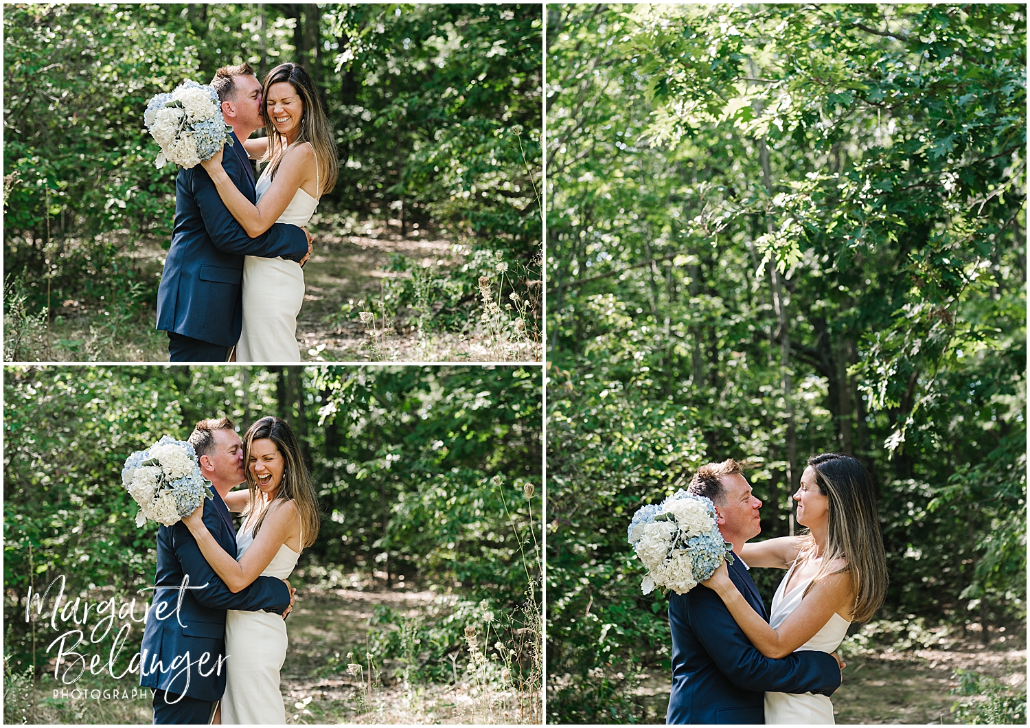 A wedding couple joyfully embracing and kissing in a sunny woodland setting.