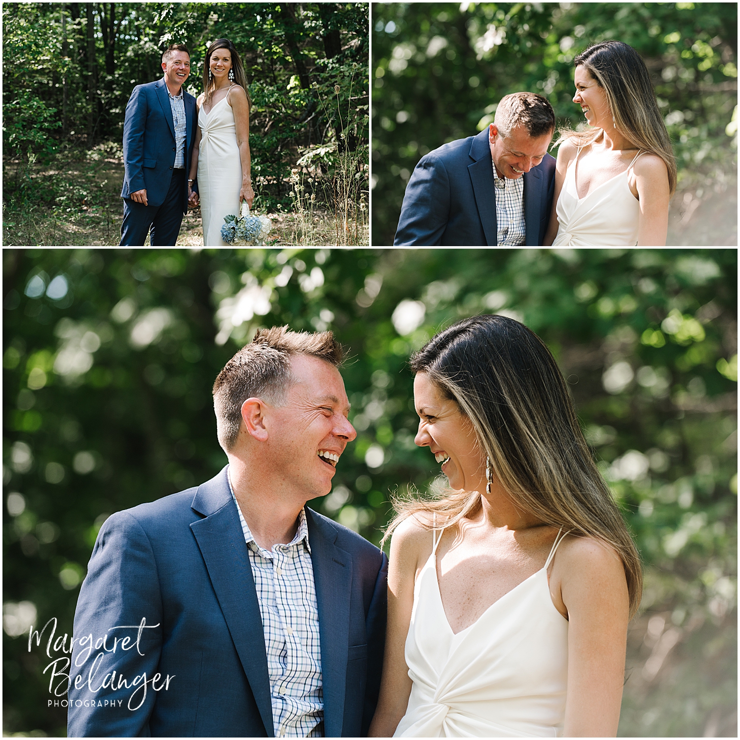 A collage of three photos showing a smiling wedding couple in formal wear, embracing and enjoying a sunny day outdoors.