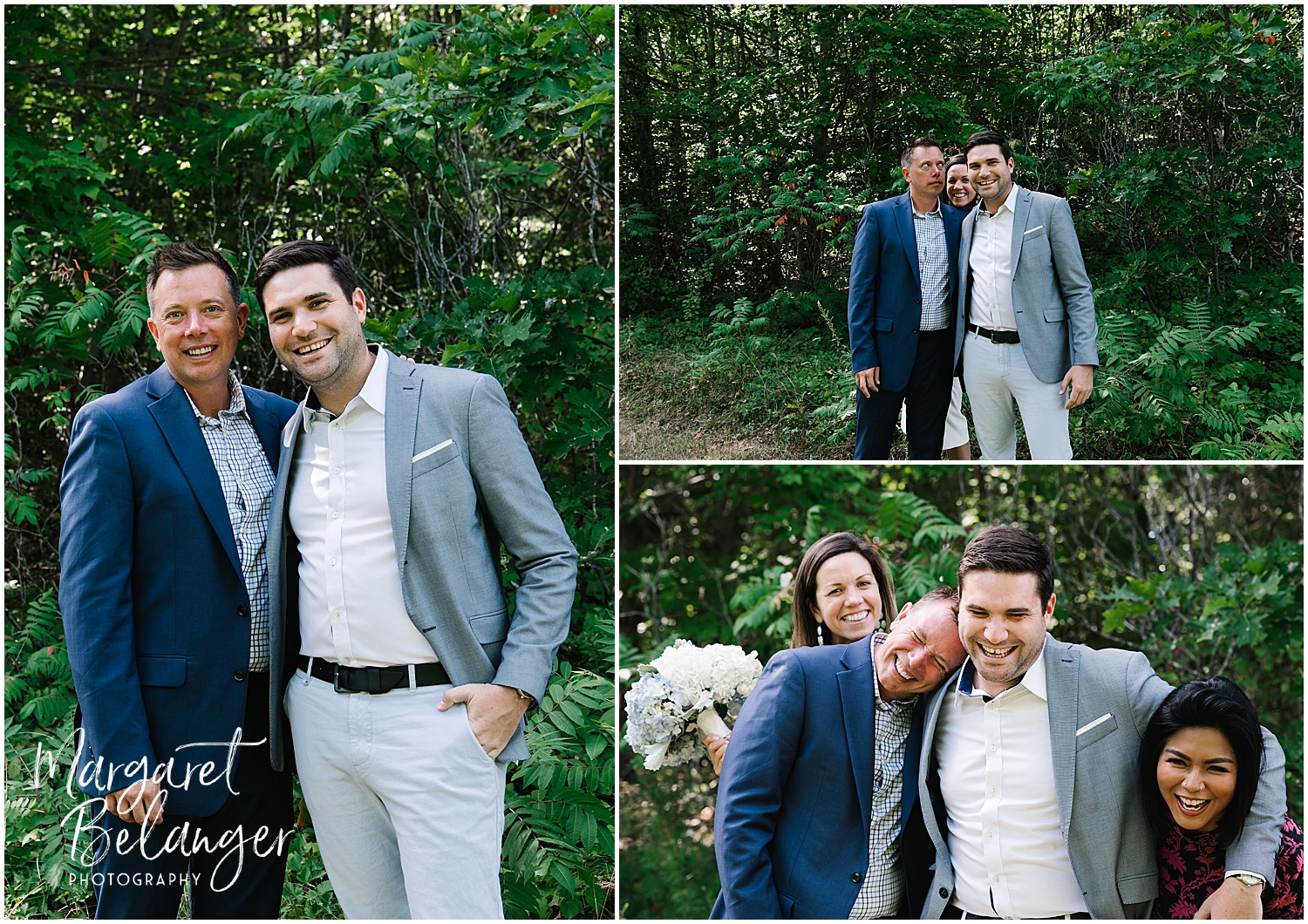 Three candid wedding photos showing the groom and his best man and the bride and the best man's fiancee.