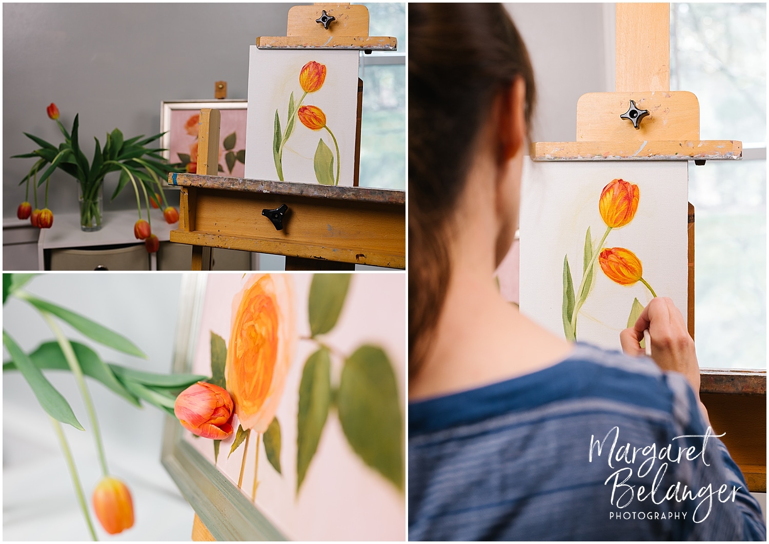 Three photos show a person painting tulips onto a canvas on an easel. The background includes a vase with similarly arranged tulips and a window letting in natural light.