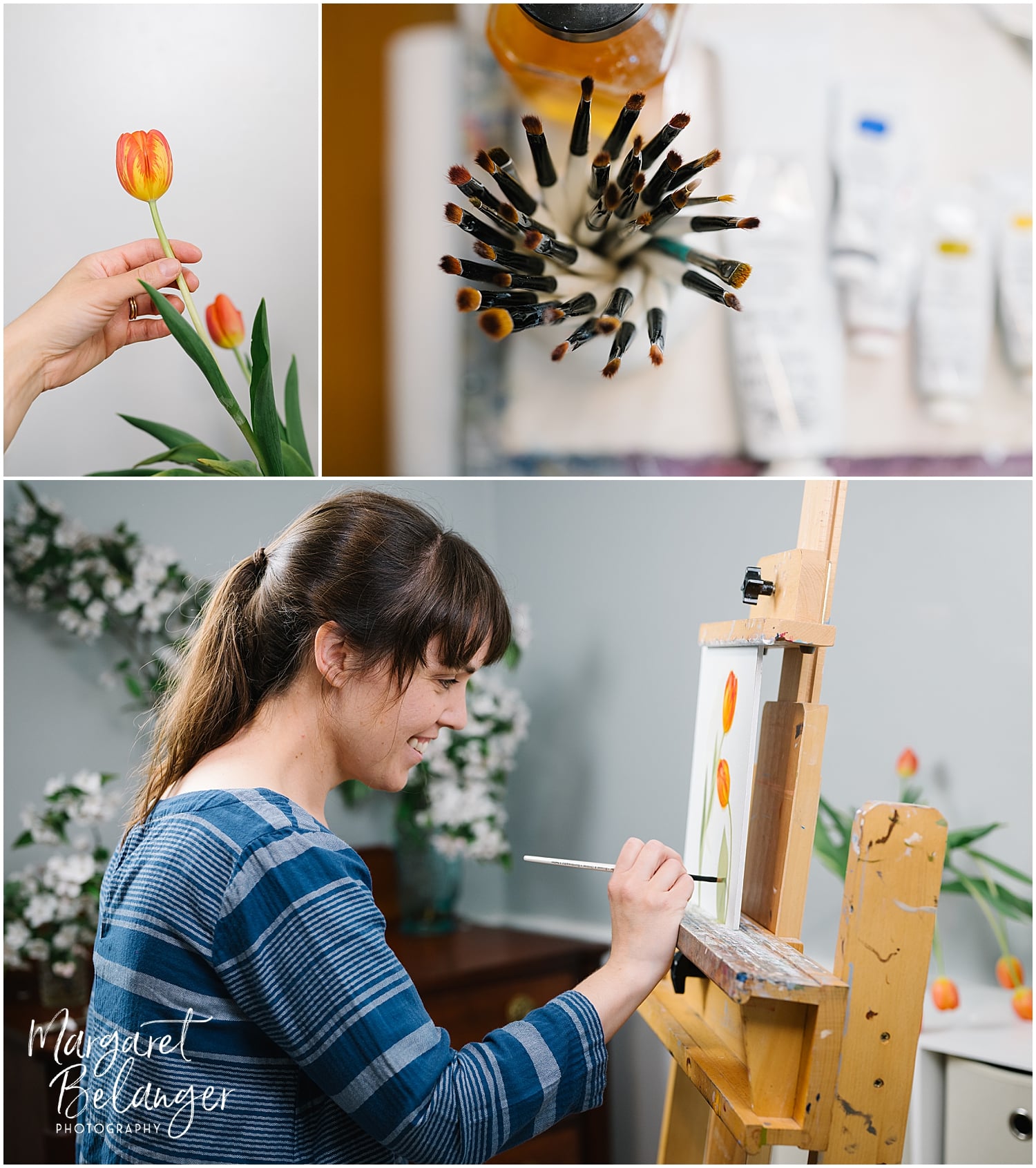 A woman paints a tulip on a canvas. The collage also shows a hand holding a tulip and a top-down view of paintbrushes in a jar.