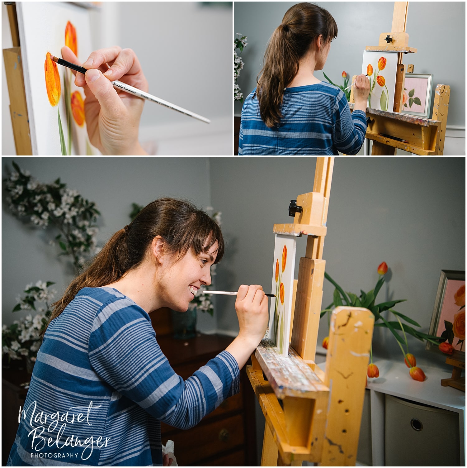 A woman painting tulips on a canvas in a home studio, holding a brush close to the artwork. Another close-up shows the brush painting a tulip. There are tulips in a vase on a table nearby.