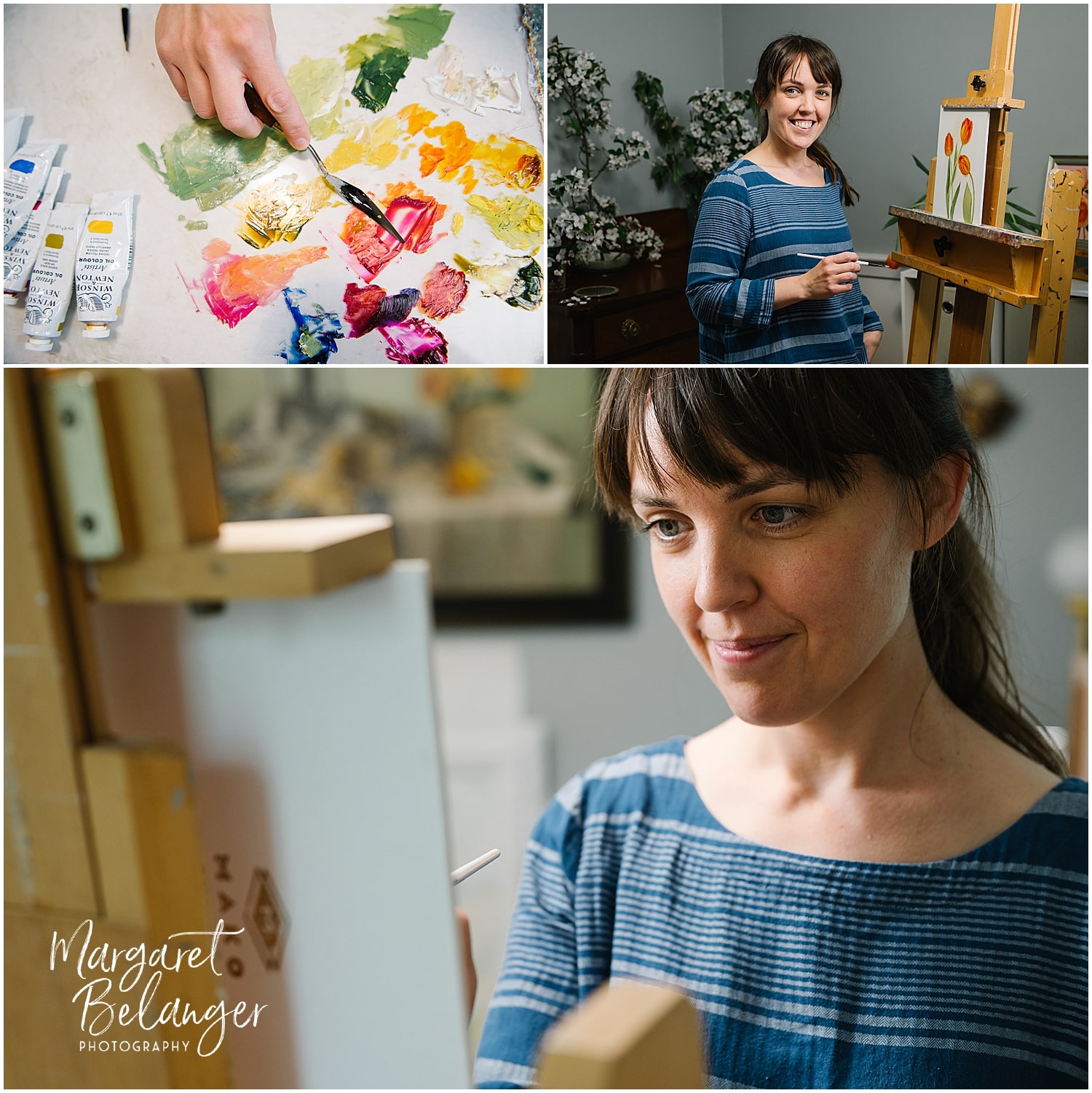 A woman painting at an easel is shown in two images. A close-up of a hand mixing paint on a palette appears in a third image.