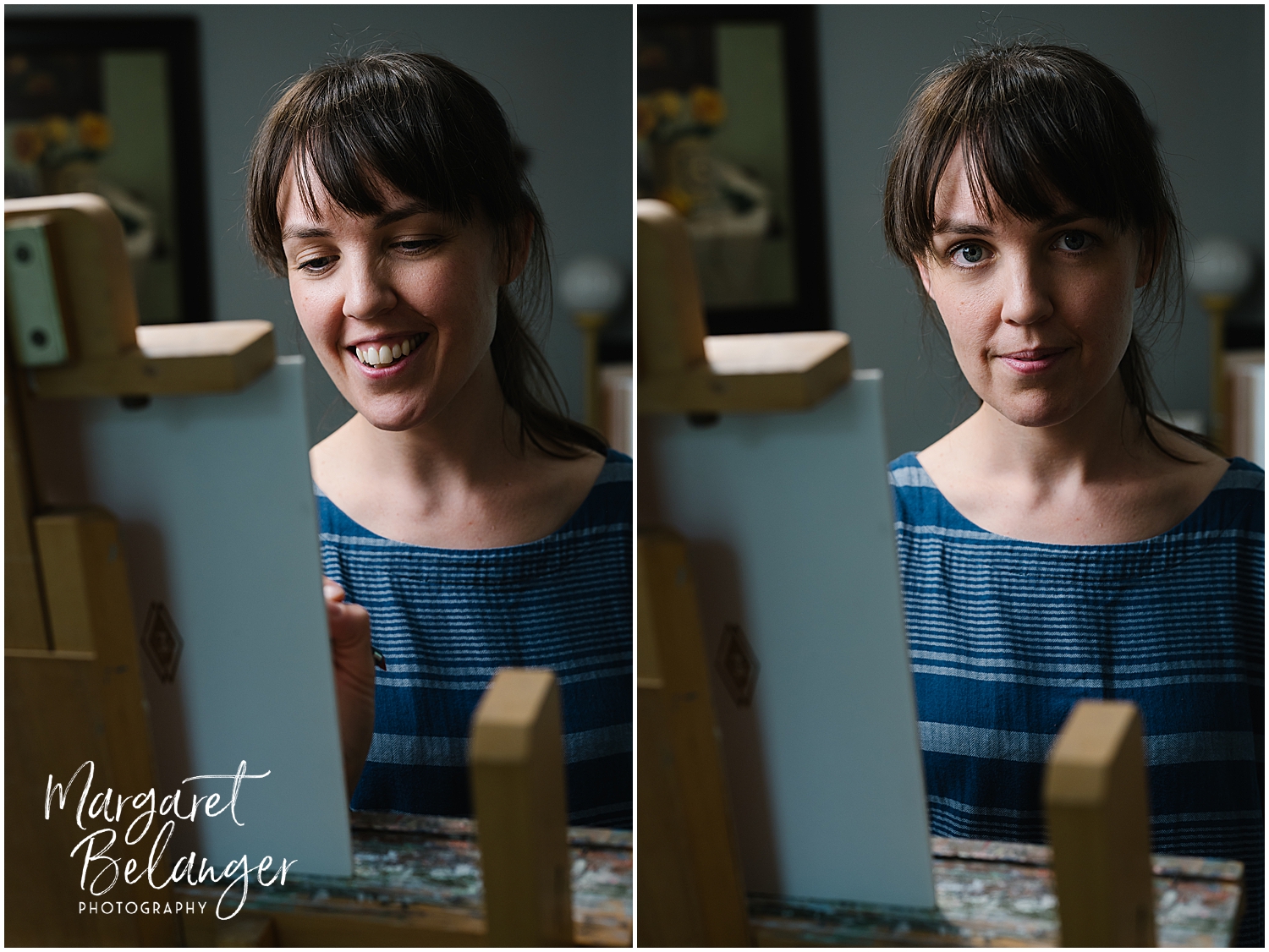 Side-by-side photos of a woman in a blue-striped top, who is painting on a canvas. One photo shows her smiling while focusing on her work, and the other has her looking directly at the camera.